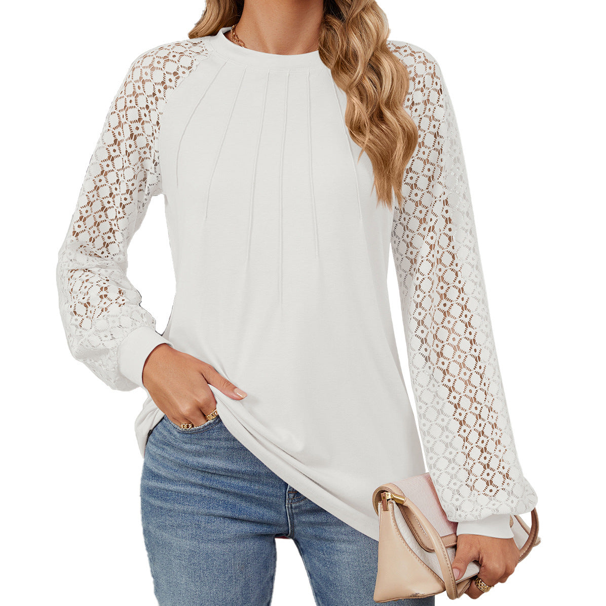 Lace Long Sleeve Round Neck Solid Color Pullover Top