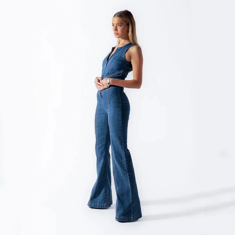 Heart-shape Backless Denim Jumpsuit, Retro Style Clothing