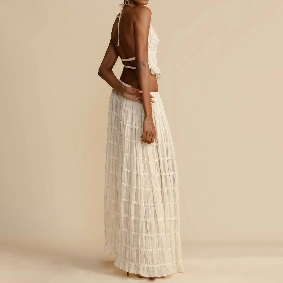 2pc Dress Suit, Sleeveless, Backless Cropped Halter Top And Pleated Long Dress