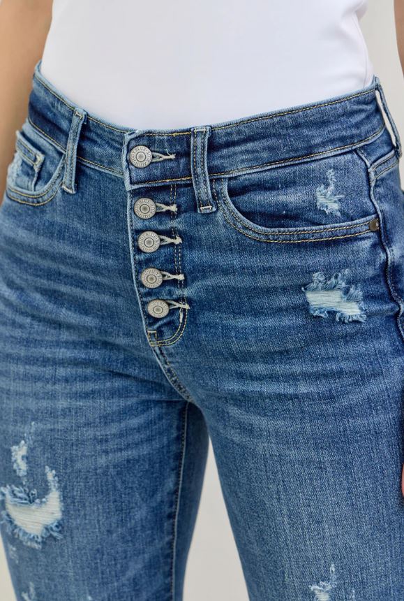 Judy Blue Dark Wash Mid-Rise Button Fly Destroyed Jeans