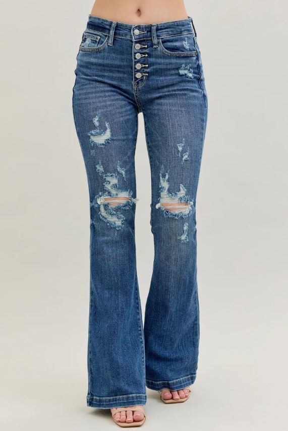 Judy Blue Dark Wash Mid-Rise Button Fly Destroyed Jeans