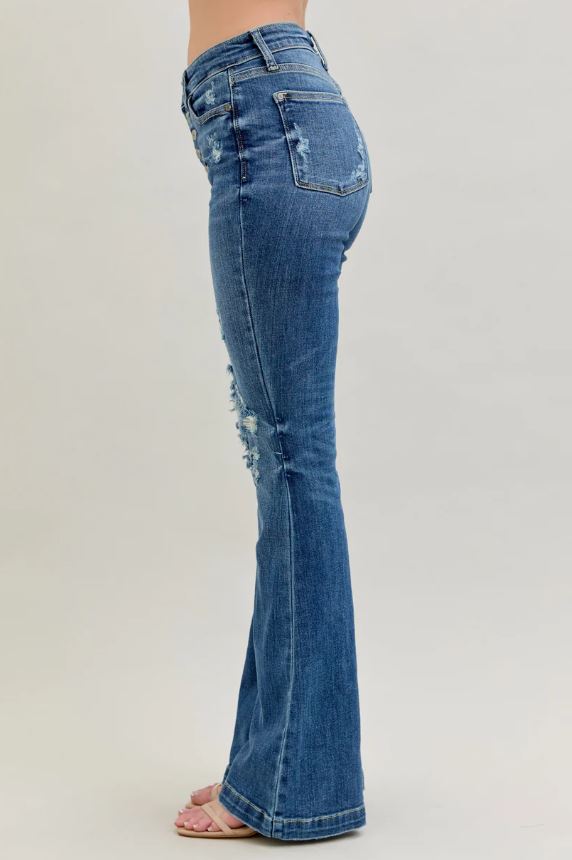Judy Blue Dark Wash Mid-Rise Button Fly Destroyed Jeans