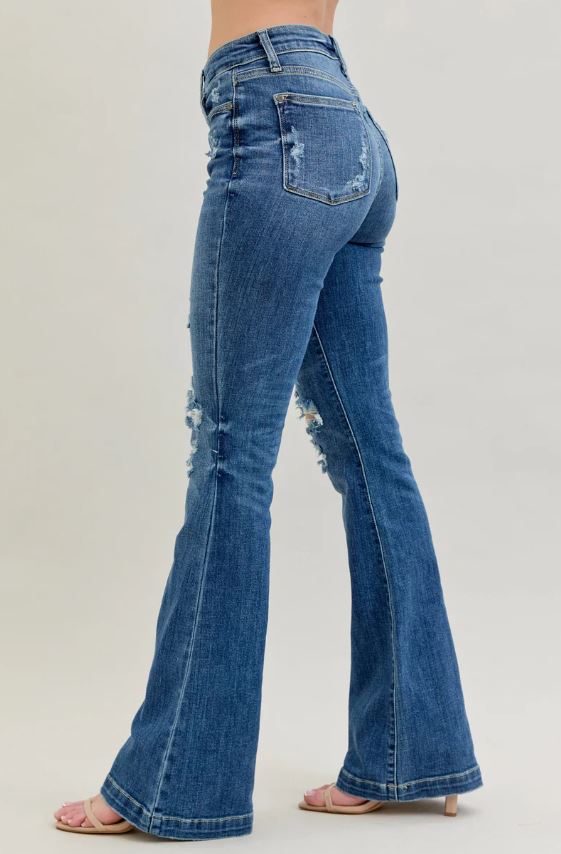 Judy Blue Dark Wash Mid-Rise Button Fly Destroyed Jeans