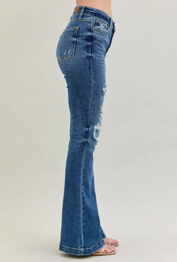 Judy Blue Dark Wash Mid-Rise Button Fly Destroyed Jeans