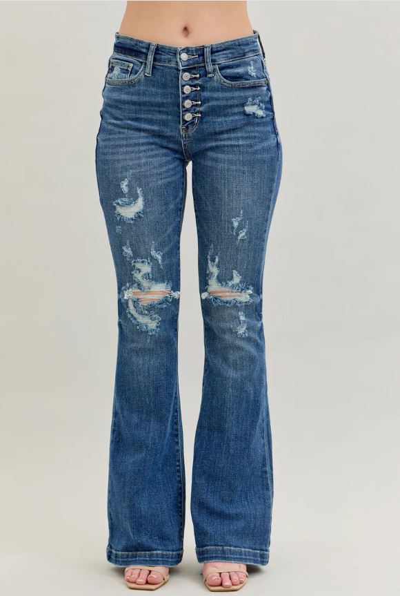 Judy Blue Dark Wash Mid-Rise Button Fly Destroyed Jeans