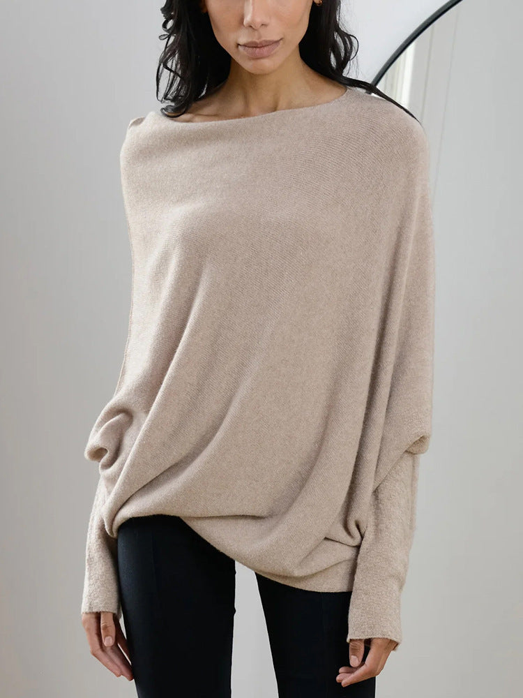 Solid Off-shoulder Batwing Sleeve Sweater