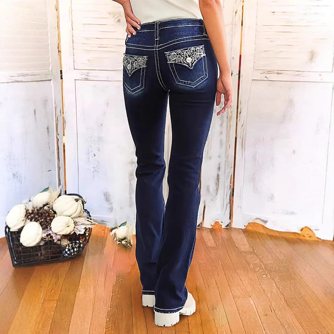 Embroidered Denim Trousers Retro