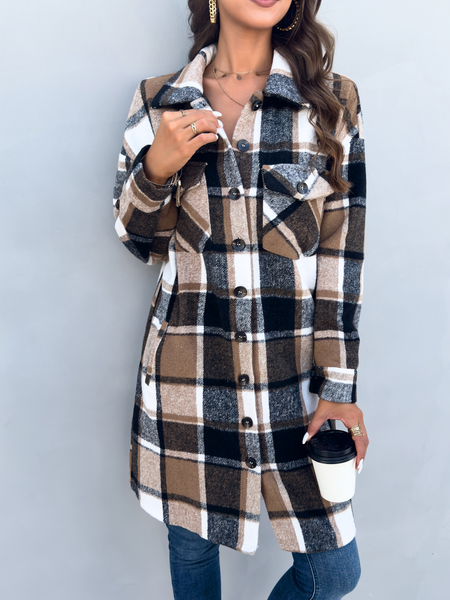 Women's Plaid Long Sleeve Button Down Shacket Coat