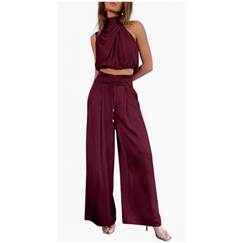 Sleeveless Midriff-baring Top And Wide Leg Pants Set