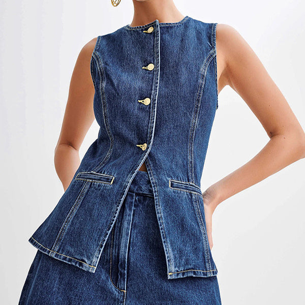 Denim Sleeveless Button Vest Top And High Waist Shorts Set