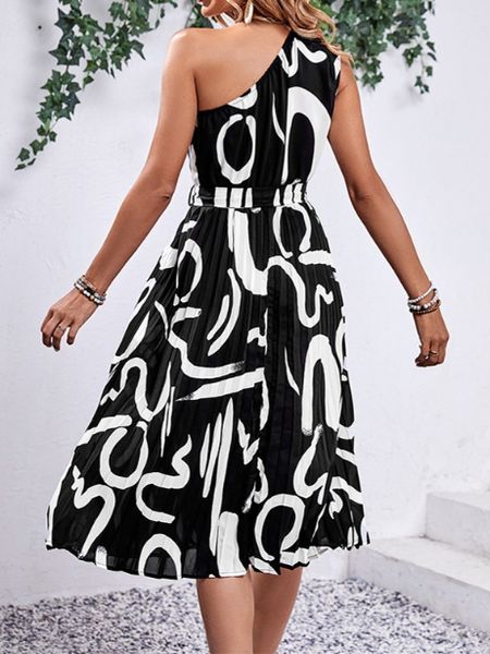 Printed One Shoulder Tie-Waist Sleeveless Dress