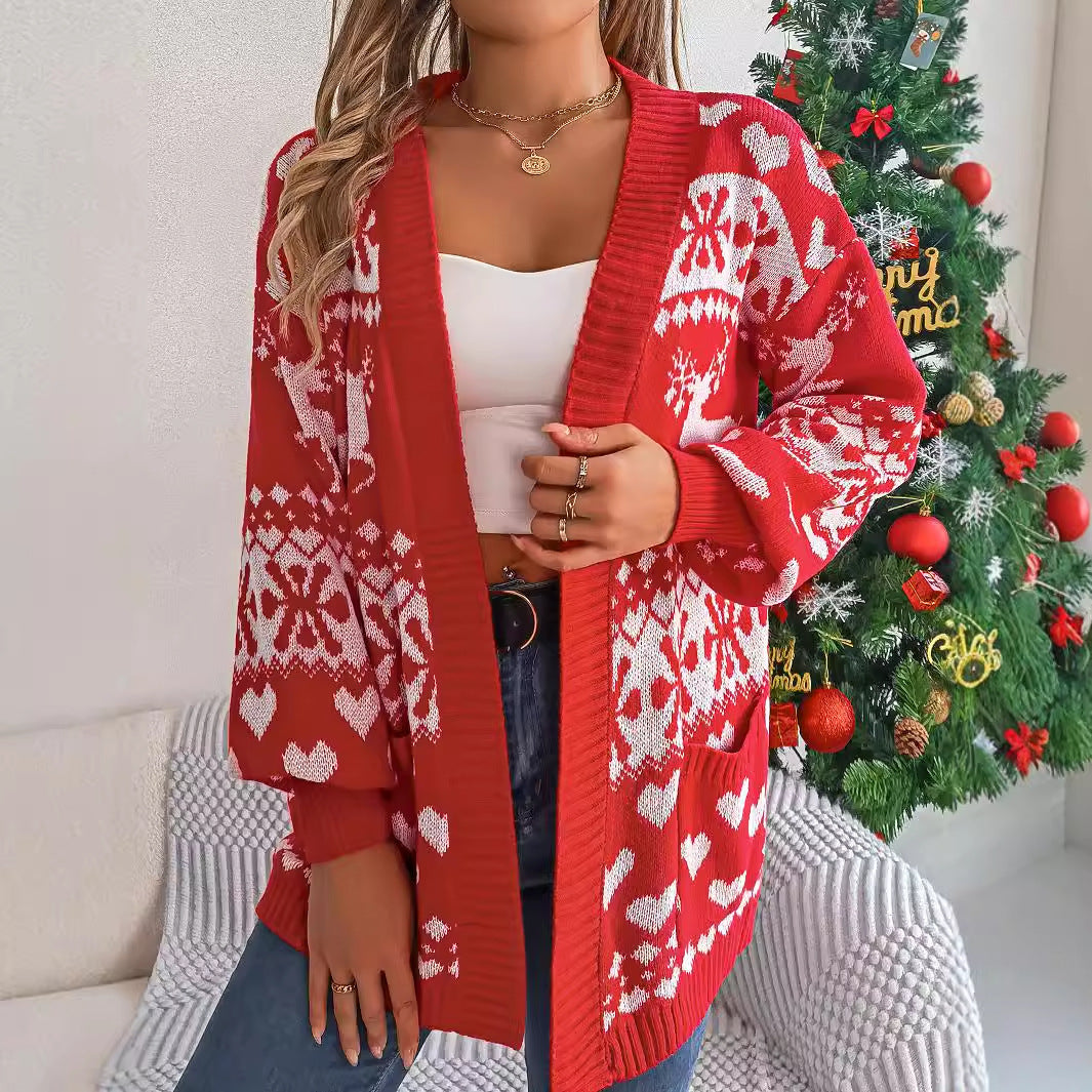 2024 Christmas Open Front Cardigan, Lantern Sleeve Xmas Printed Oversized Deer Sweater Pockets