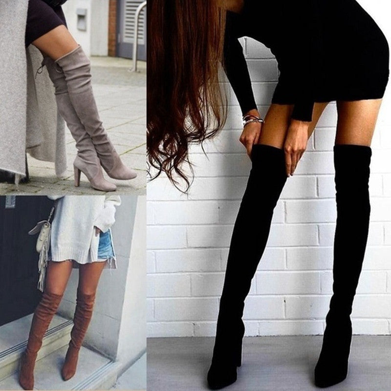 Pointed Thick Heel Over The Knee Boots Stretch Boots