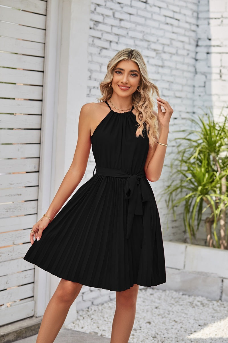 Solid Strapless Halter Pleated Sundress