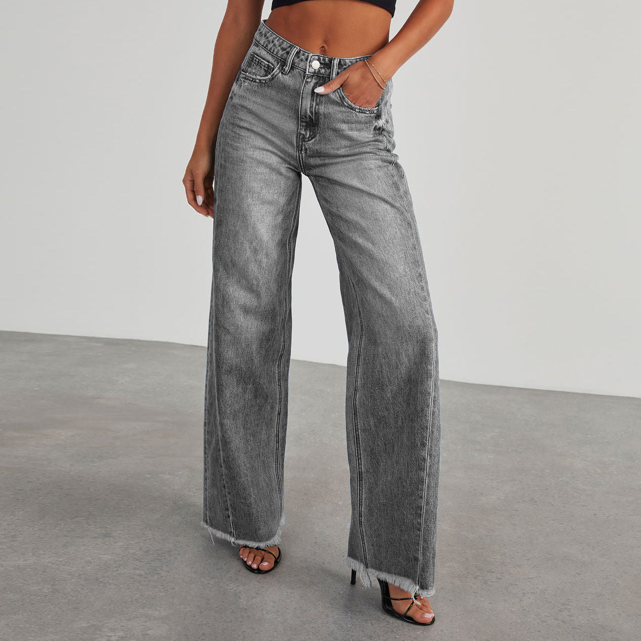 High Waist Jeans With Pockets ,Slim Fit Straight Wide-leg