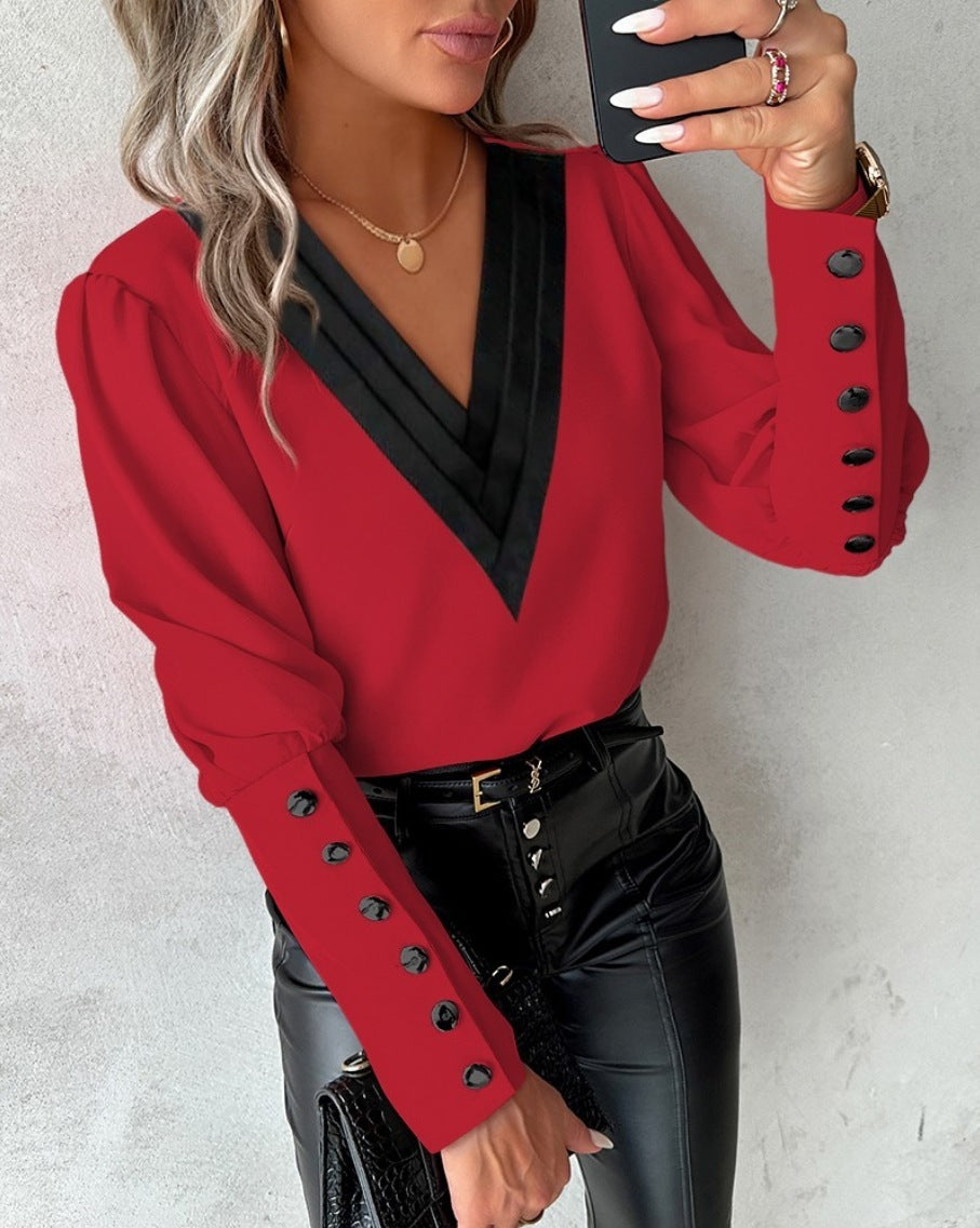 V-neck Long Sleeve Blouse With Button Design