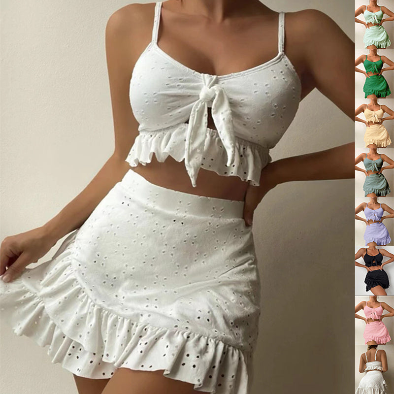 3pcs Beach Bikini With Hip-hugging Skirt Fashion Ruffle Design Swimsuit Set