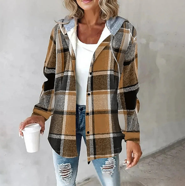 Solid Color Plaid Hooded Jacket