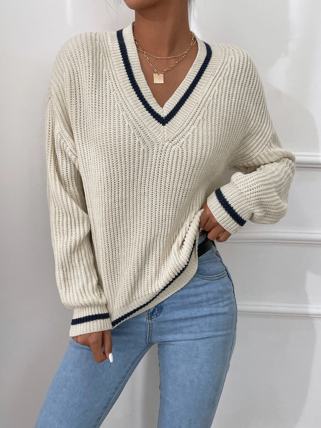 Cable Knit V Neck Sweaters