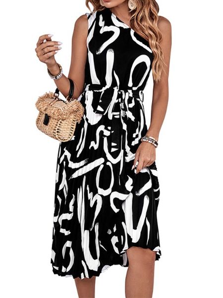 Printed One Shoulder Tie-Waist Sleeveless Dress