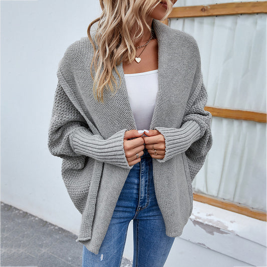 Loose Knitted Solid Color Bat Sleeve Large Lapel Cardigan Sweater