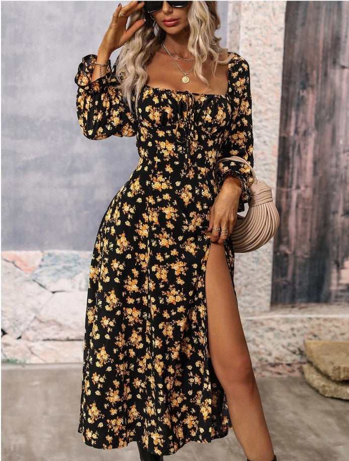 Flowers Printing Long Sleeve Square-neck Bottom Slit Dresses