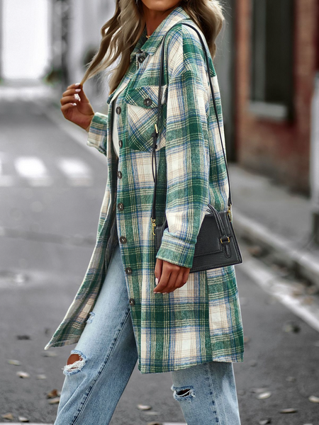 Women's Plaid Long Sleeve Button Down Shacket Coat