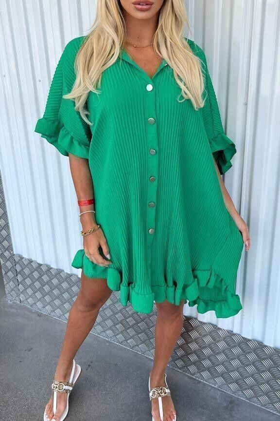 Solid Color Shirt Dress, Ruffle Irregular Sleeve