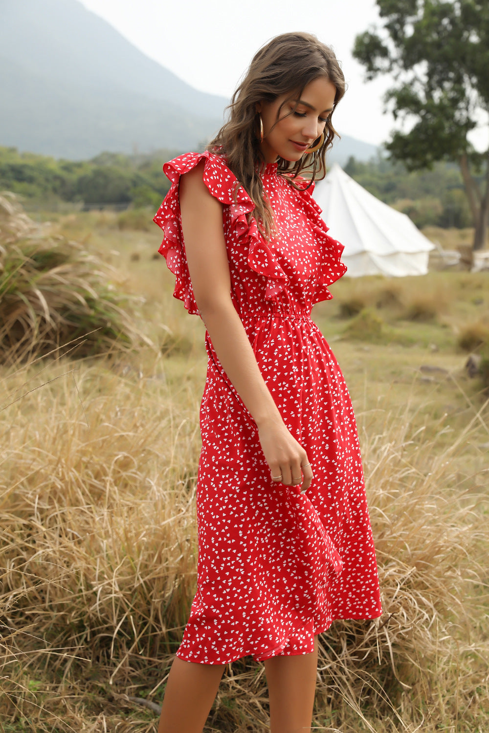 Red polka dot chiffon Dress