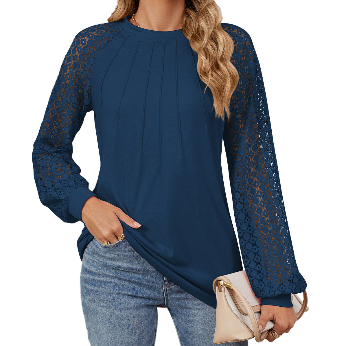 Lace Long Sleeve Round Neck Solid Color Pullover Top