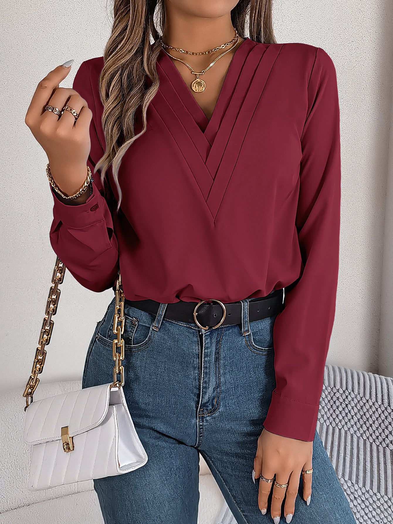 V-Neck Long Sleeve Elegant Commuter Solid Blouse