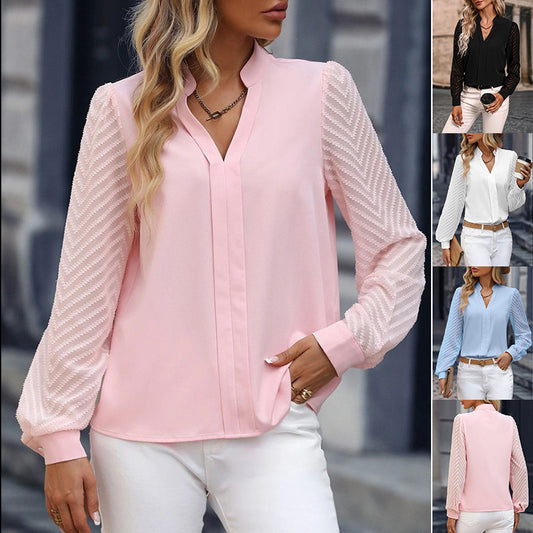 V-neck Long-sleeved Chiffon Lace Stitching Shirt