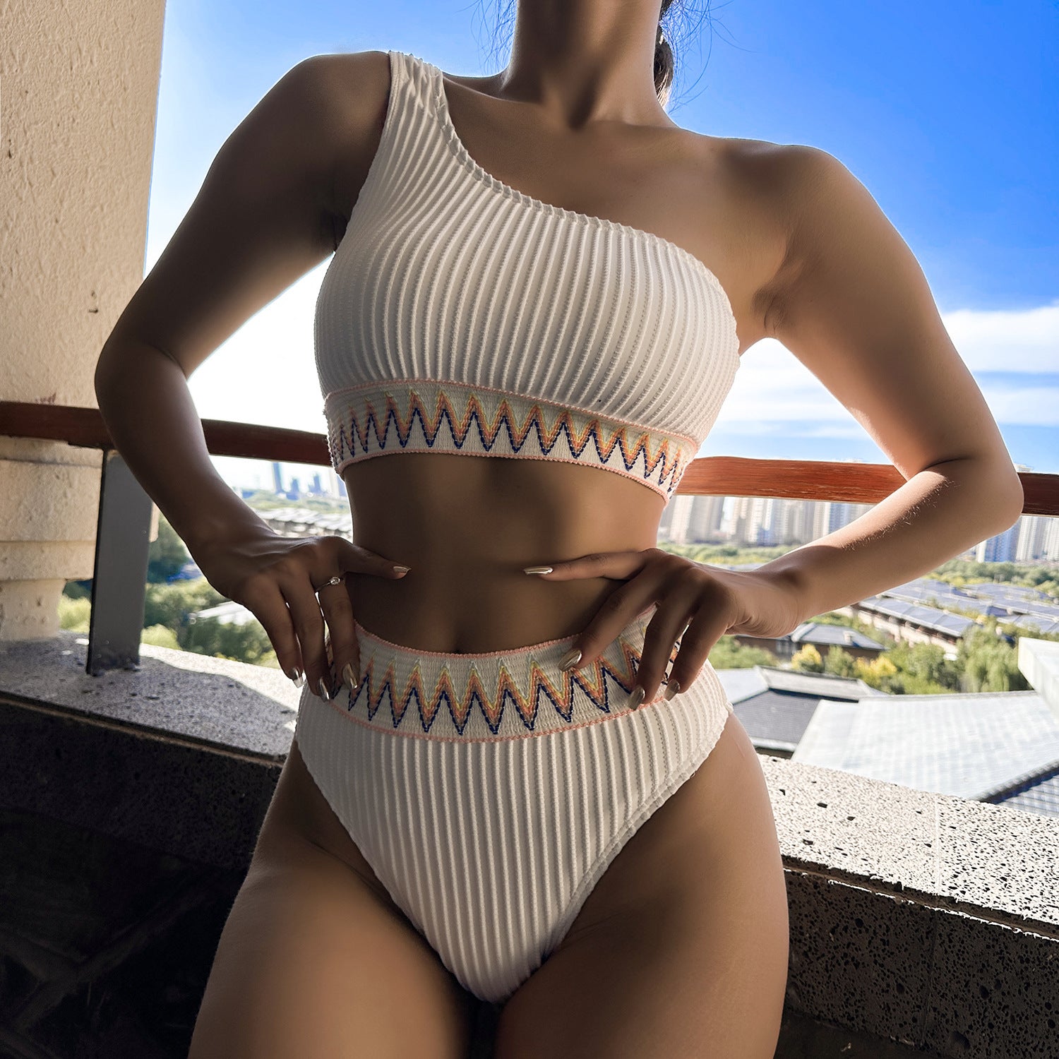 One-shoulder Bikini With Striped Pleated And Ripple Print Design Solid Colors