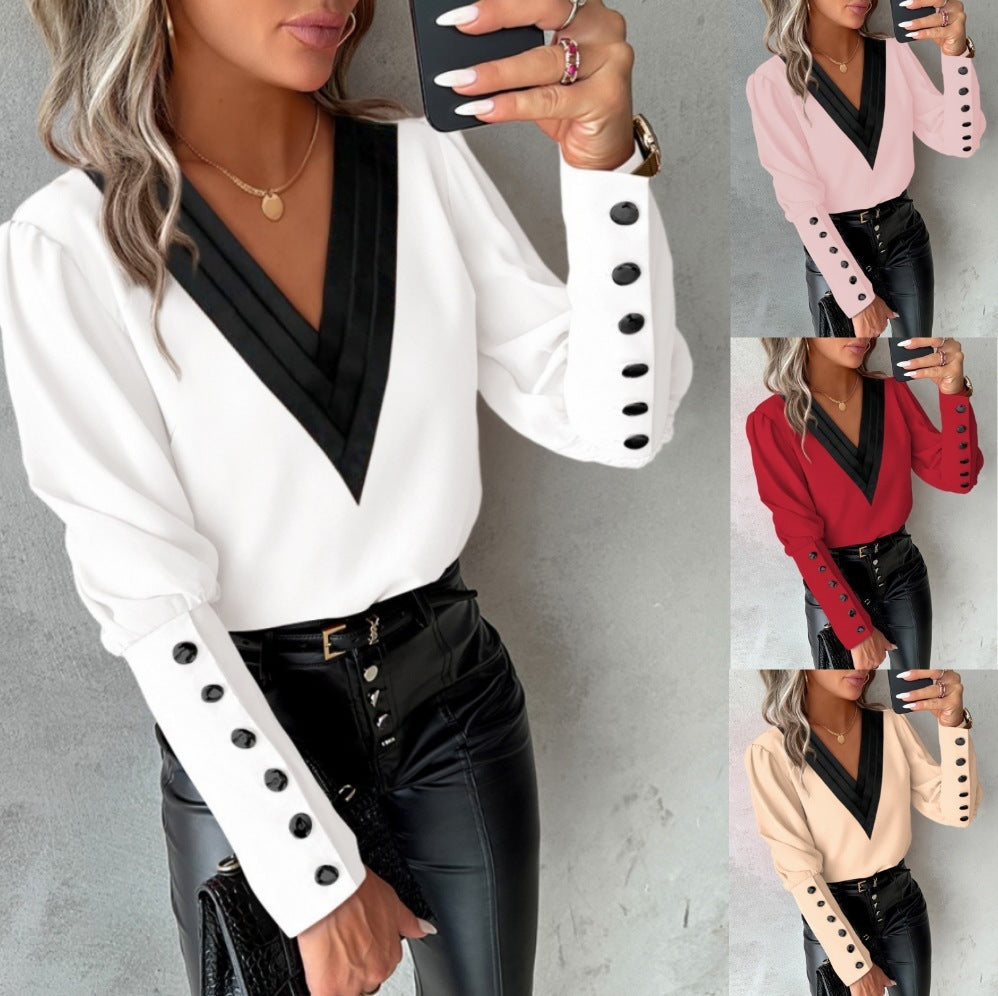 V-neck Long Sleeve Blouse With Button Design