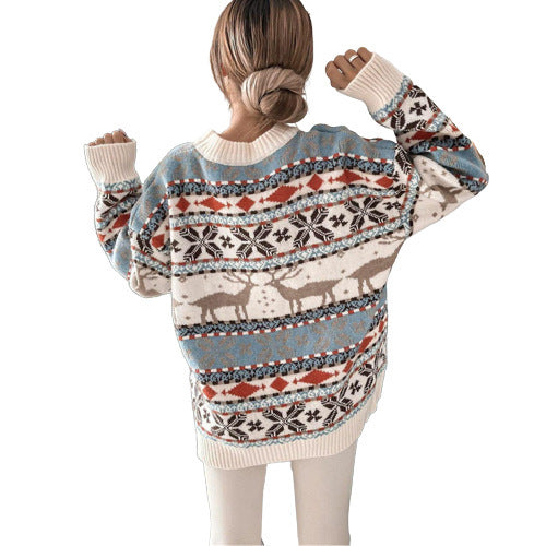 Round Neck Loose Christmas Theme Jacquard Long Sleeve Sweater