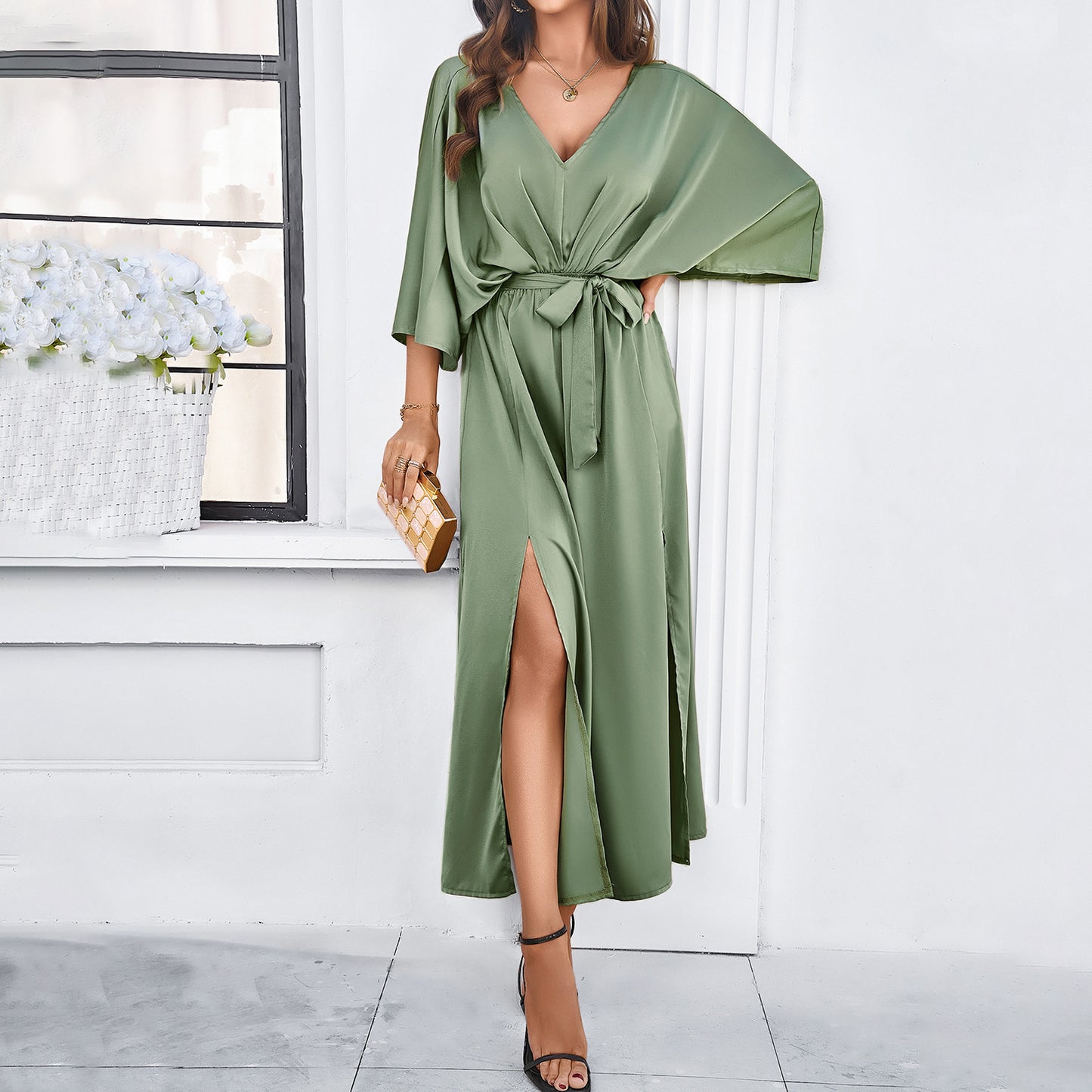 Bat Sleeve Long-sleeved V-neck Dress With Split Design Temperament Loose High Waist Lace-up Long Dresses