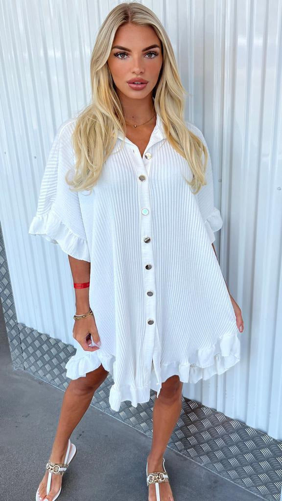 Solid Color Shirt Dress, Ruffle Irregular Sleeve