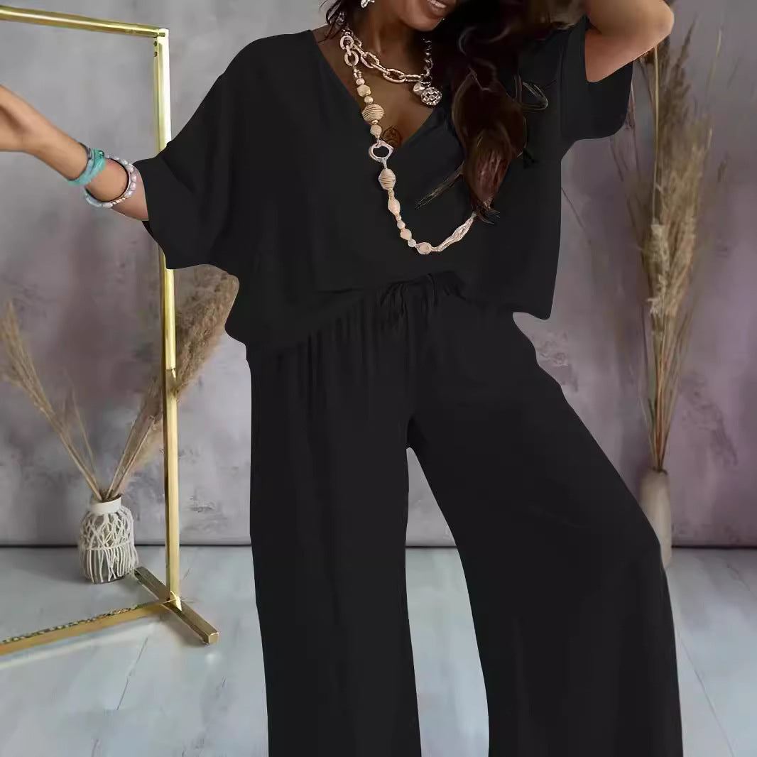 V-neck Batwing Sleeve Loose Wide Leg Pants Suit