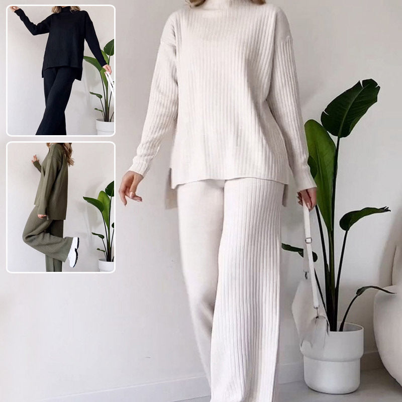 Turtleneck Knitted Suit Loose Split Design Long-sleeved Top And Straight Trousers Set