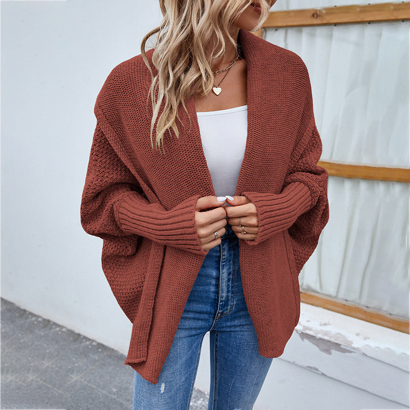 Loose Knitted Solid Color Bat Sleeve Large Lapel Cardigan Sweater