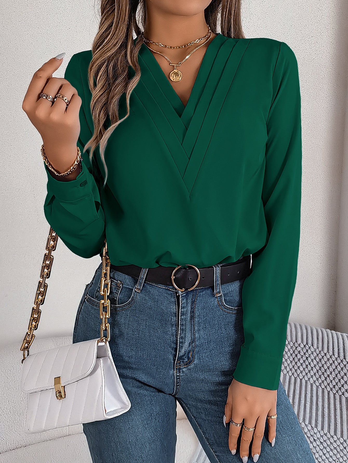 V-Neck Long Sleeve Elegant Commuter Solid Blouse