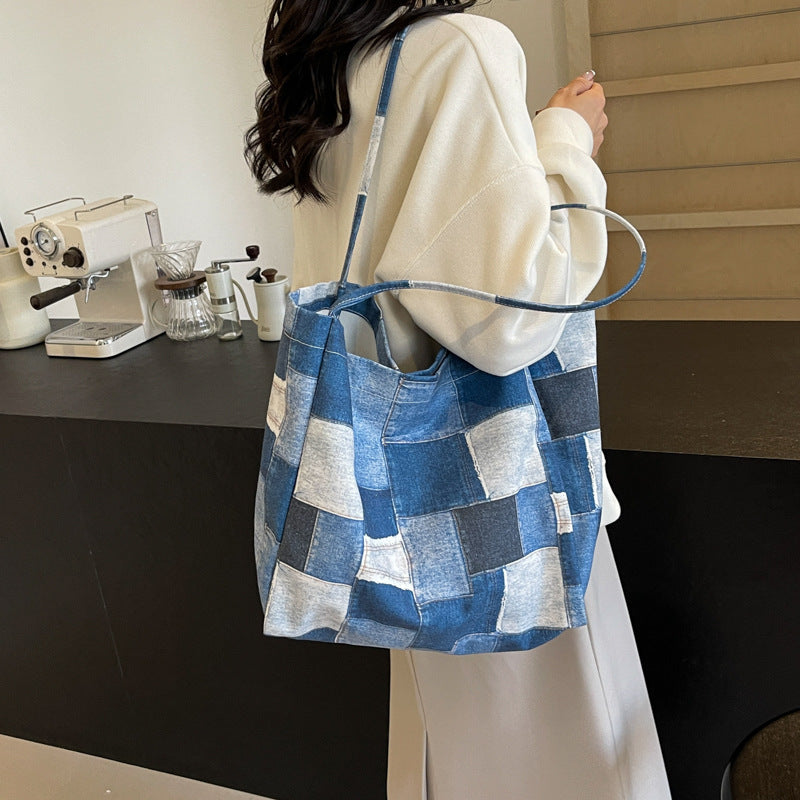 Large Capacity Denim Color-contrast Check Idle Tote Bag