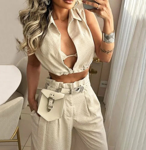 Solid Color Lapel Sleeveless Top Casual Pants Set