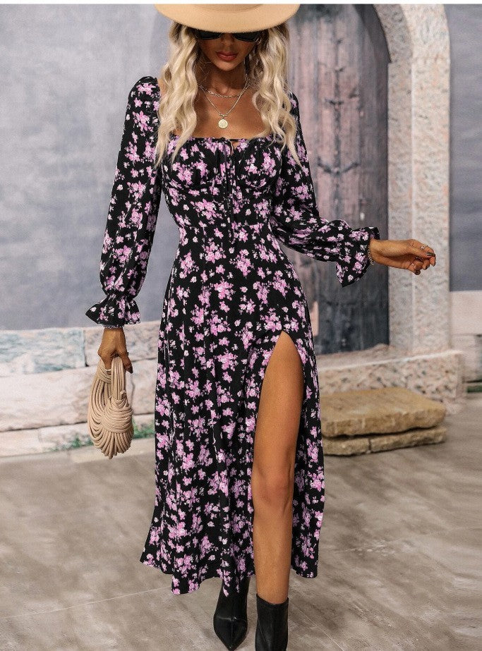 Flowers Printing Long Sleeve Square-neck Bottom Slit Dresses