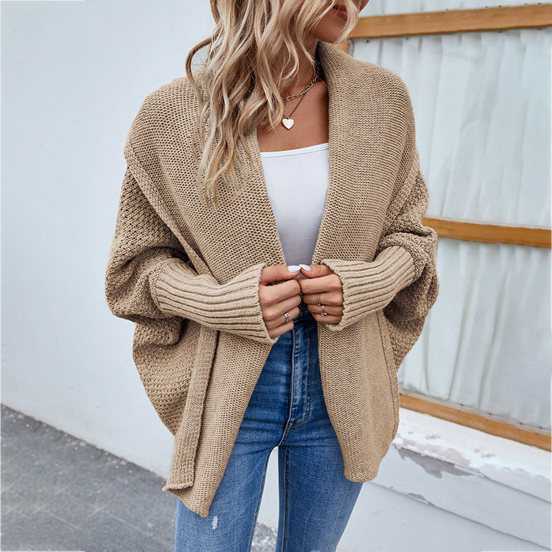 Loose Knitted Solid Color Bat Sleeve Large Lapel Cardigan Sweater