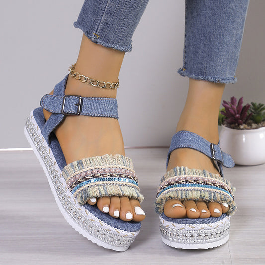 Tassel Denim Sandals With Thick-soled, Flat Heel, Hemp Rope Sole Ethnic Style Shoes