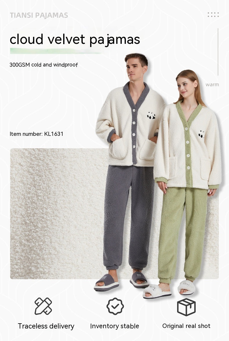 Couples Half Velvet Cartoon Panda Pajamas Suit