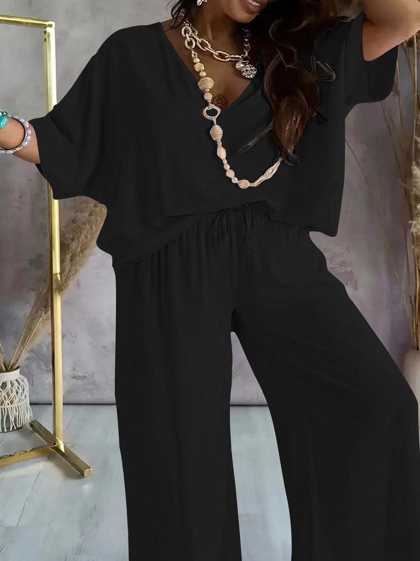 V-neck Batwing Sleeve Loose Wide Leg Pants Suit