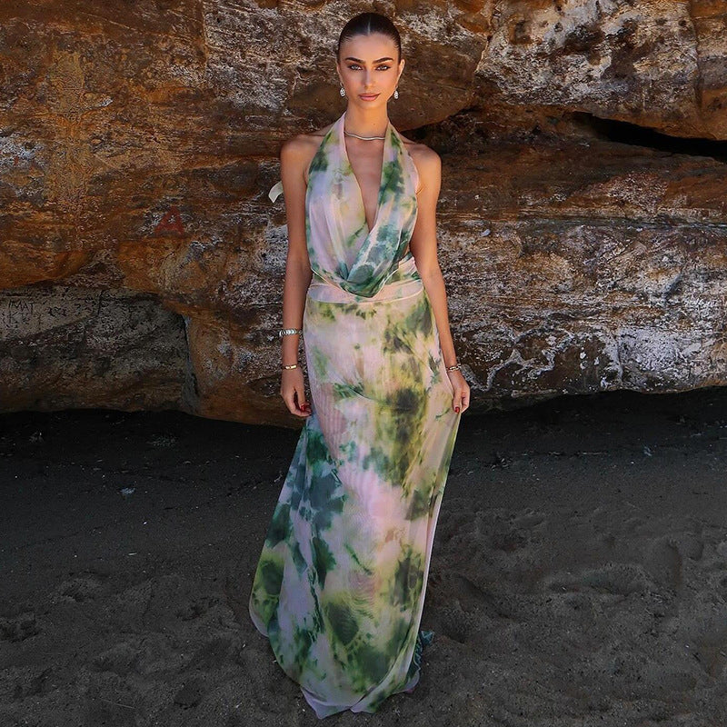 2pcs Tie Dye Printing Deep V-neck Suits Fashion Halter Backless Long Dresses