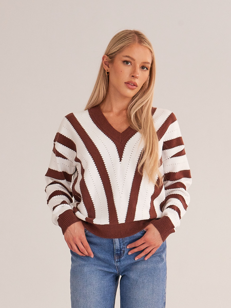 Women's V Neck Stripe Pullover Knitted Sweater